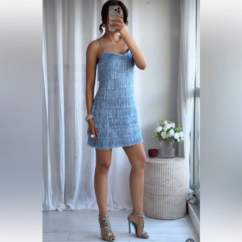 Zara Light Blue metallic Fringe Mini Dress - Picture 5 of 16
